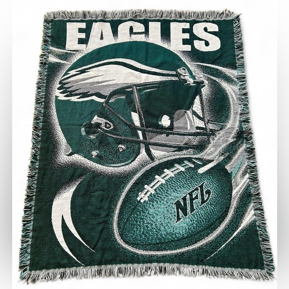 Vintage Philadelphia Eagles NFL tapestry blanket with fringe trim